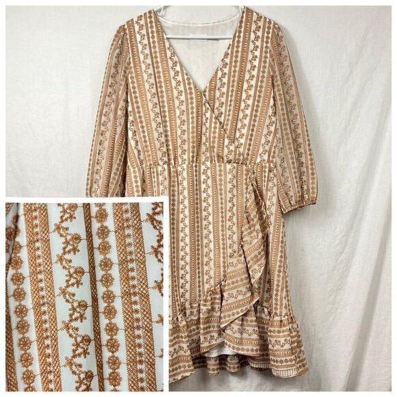 Calvin Klein Faux Wrap Embroidered Ruffle Dress Womens XL Cottage Prairie Modest - Picture 1 of 16